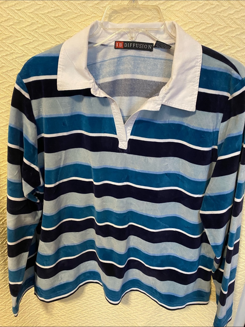 IB Diffusion Women's Blue Striped V-Neck Rugby Sweater with White Collar